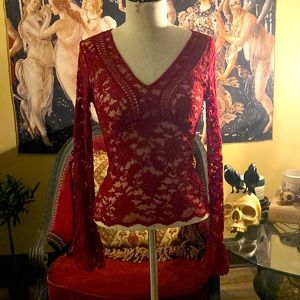 Red lace stretch sheer mesh whimsigoth top sexy vampy